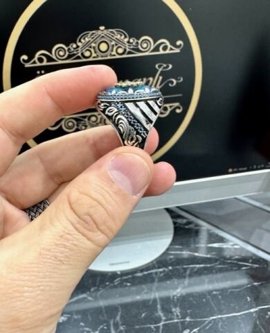 Akua Marin Taşı 925 Ayar Gümüş Erkek Yüzük