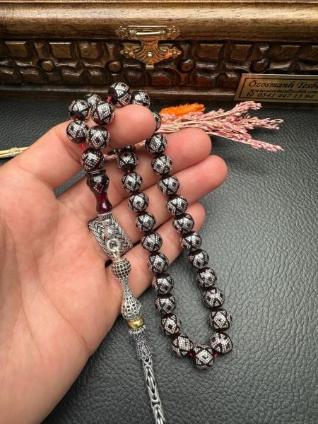 Gümüş İşlemeli Ateş Kehribar Tesbih