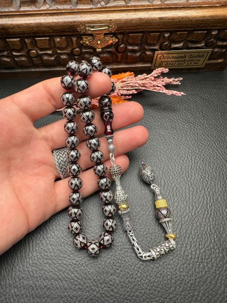 Gümüş İşlemeli Ateş Kehribar Tesbih