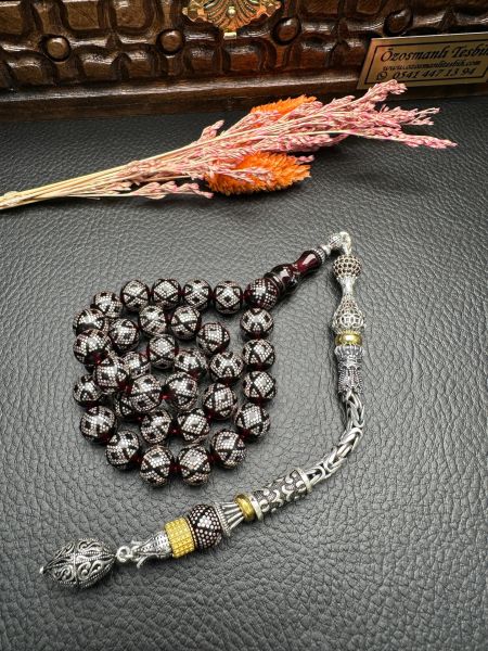 Gümüş İşlemeli Ateş Kehribar Tesbih