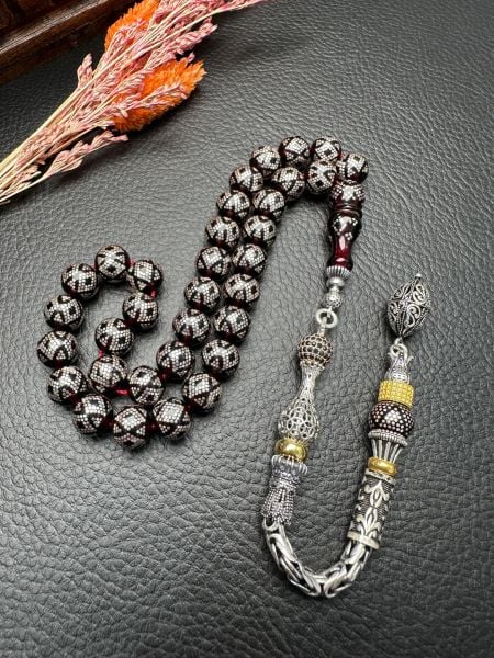 Gümüş İşlemeli Ateş Kehribar Tesbih