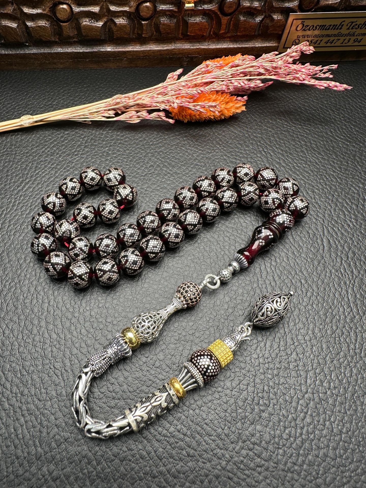Gümüş İşlemeli Ateş Kehribar Tesbih