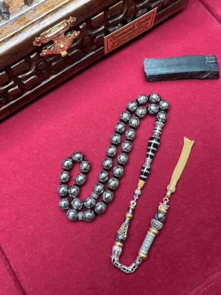 Beyzi Model Gümüş İşlemeli Erzurum Oltu Taşı Tesbih
