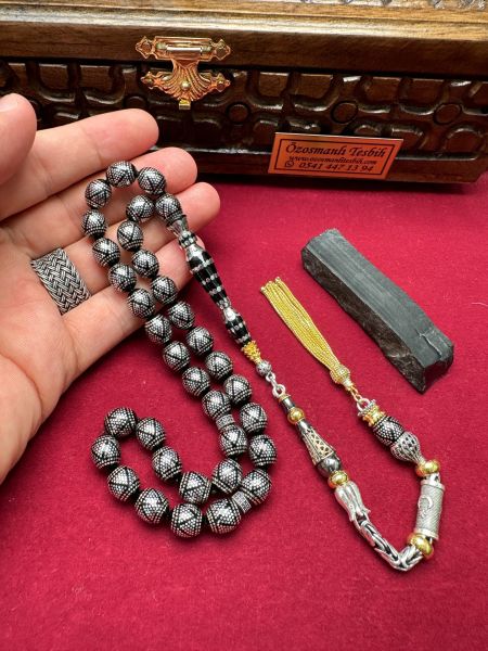 Beyzi Model Gümüş İşlemeli Erzurum Oltu Taşı Tesbih
