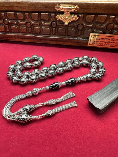 Beyzi Model Yogun Gümüş İşlemeli Erzurum Oltu Taşı Tesbih