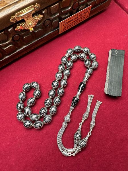 Beyzi Model Yogun Gümüş İşlemeli Erzurum Oltu Taşı Tesbih