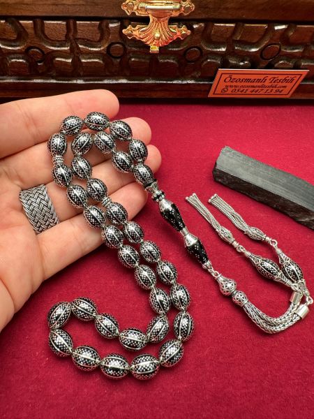Beyzi Model Yogun Gümüş İşlemeli Erzurum Oltu Taşı Tesbih