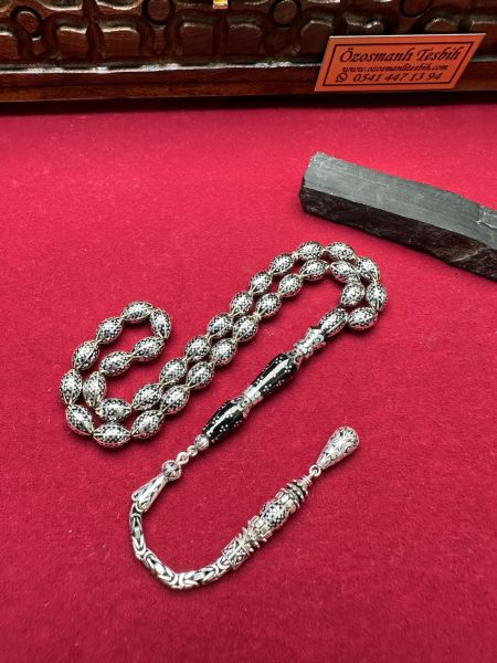 Nakkaş İmame Dizayn Beyzi Model Gümüş İşlemeli Erzurum Oltu Taşı Tesbih
