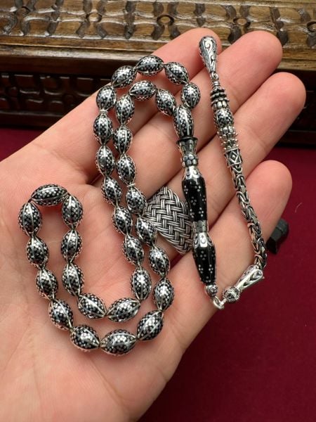 Nakkaş İmame Dizayn Beyzi Model Gümüş İşlemeli Erzurum Oltu Taşı Tesbih