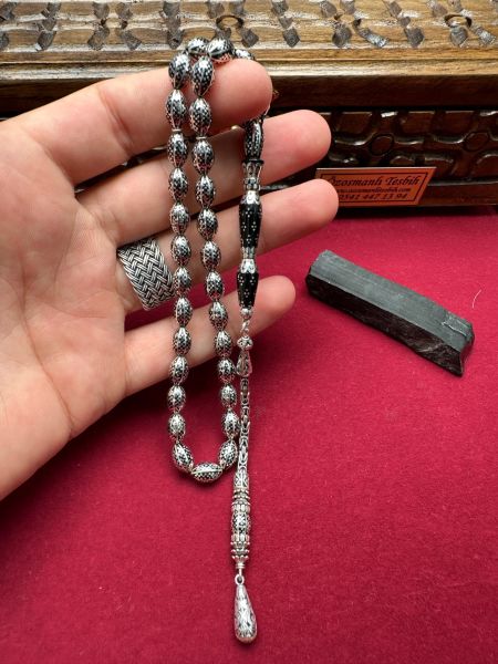 Nakkaş İmame Dizayn Beyzi Model Gümüş İşlemeli Erzurum Oltu Taşı Tesbih