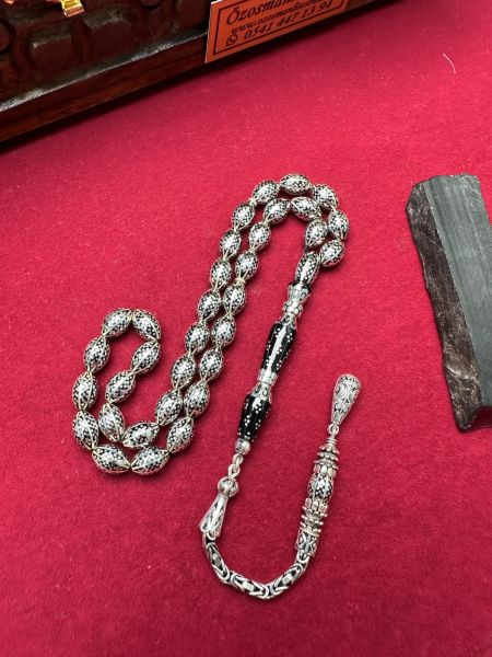Nakkaş İmame Dizayn Beyzi Model Gümüş İşlemeli Erzurum Oltu Taşı Tesbih