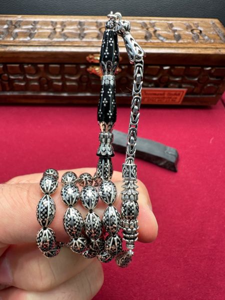 Nakkaş İmame Dizayn Beyzi Model Gümüş İşlemeli Erzurum Oltu Taşı Tesbih