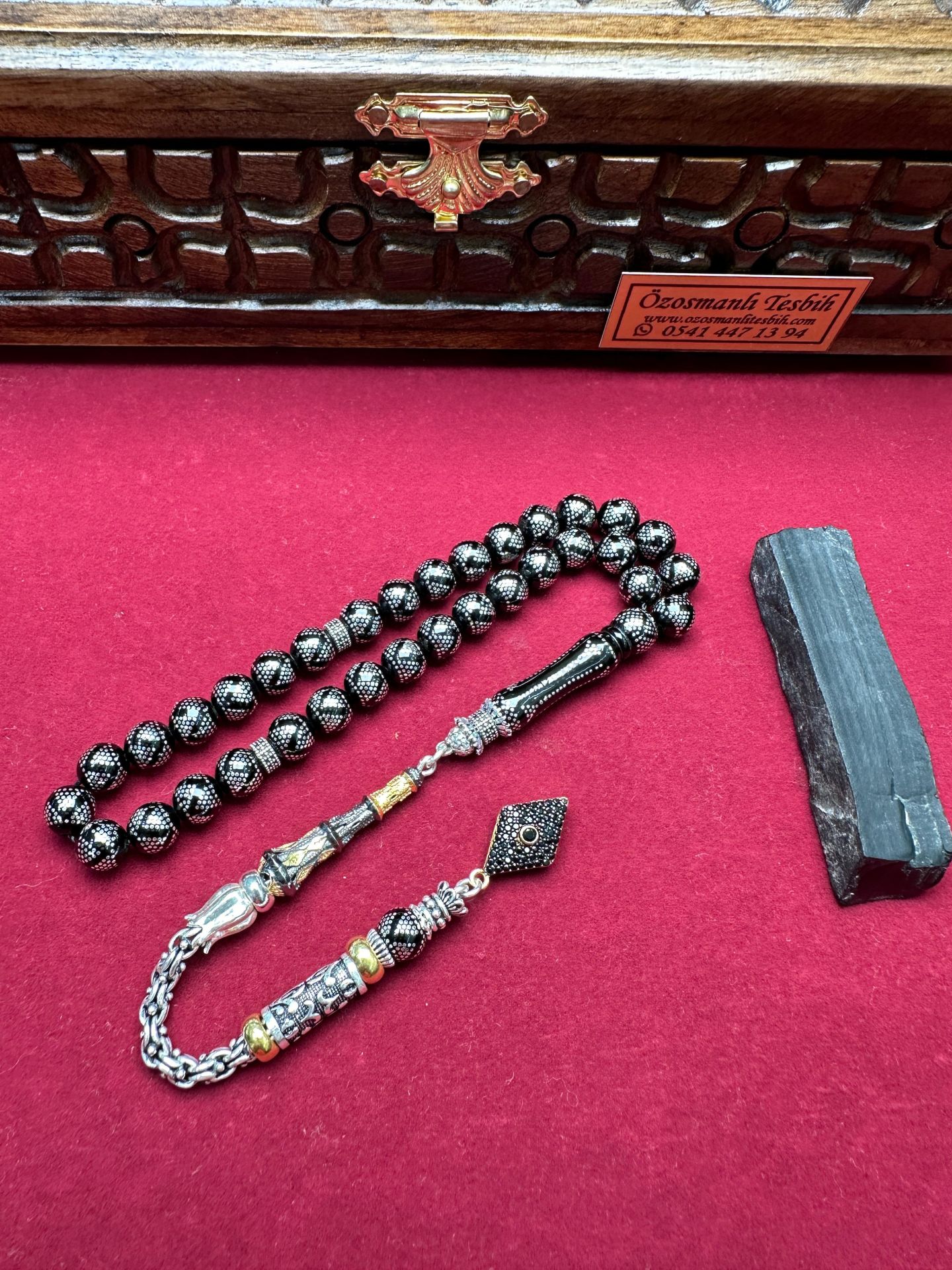 Küre Model Gümüş İşlemeli Erzurum Oltu Taşı Tesbih