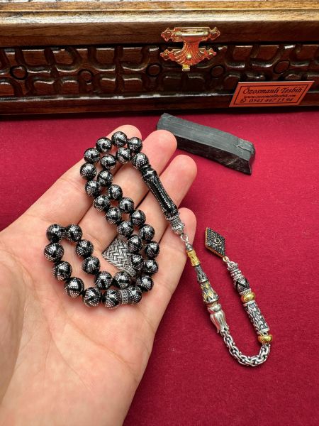 Küre Model Gümüş İşlemeli Erzurum Oltu Taşı Tesbih