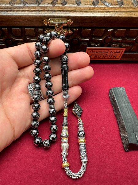 Küre Model Gümüş İşlemeli Erzurum Oltu Taşı Tesbih